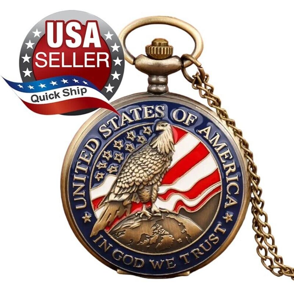 Bronze Pocket Watch • Enameled United States Eagle & Flag • ‘In God We Trust’